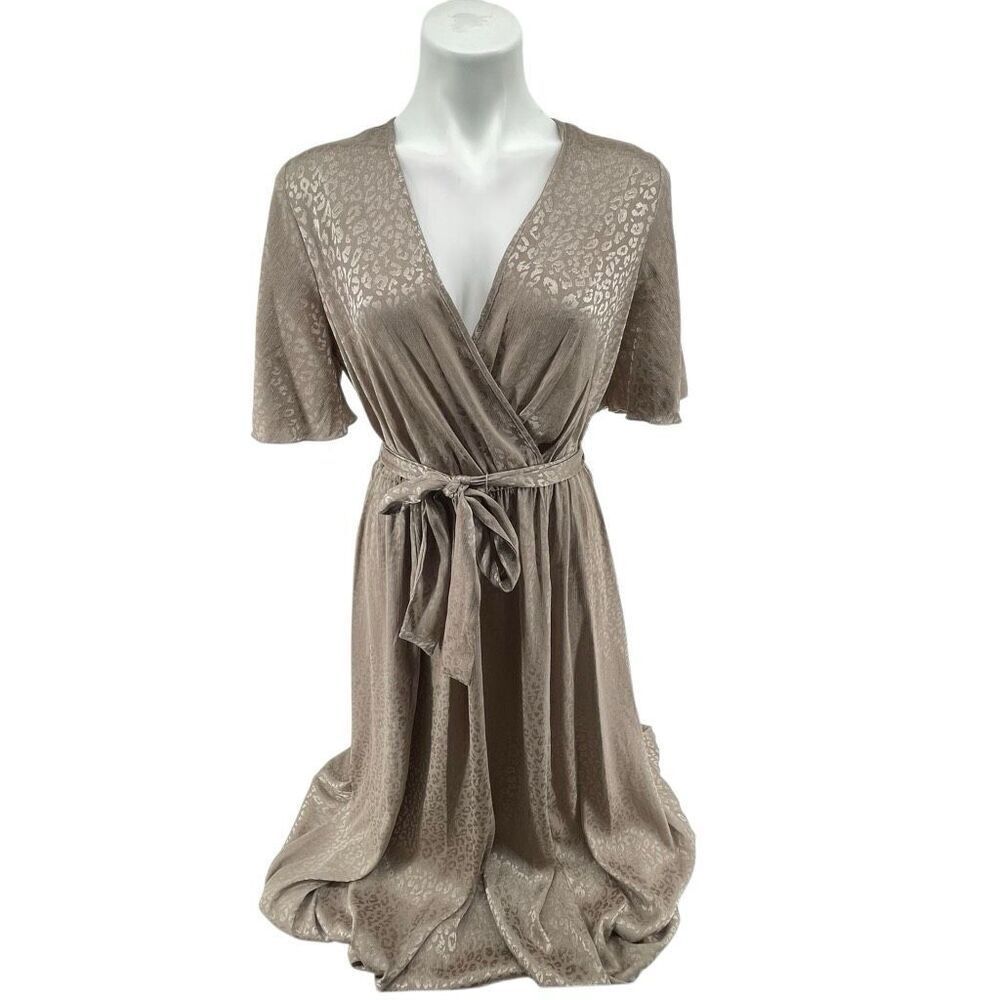 Alexa B Nites Petite Champagne Leopard Satin Wrap Kimono Maxi Dress Size 8P